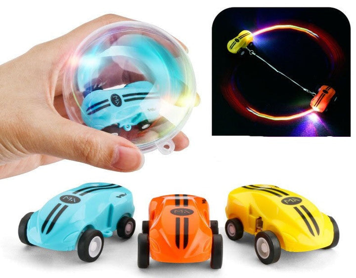 Mini stunt cars with LED light trails and a blue car inside a clear ball