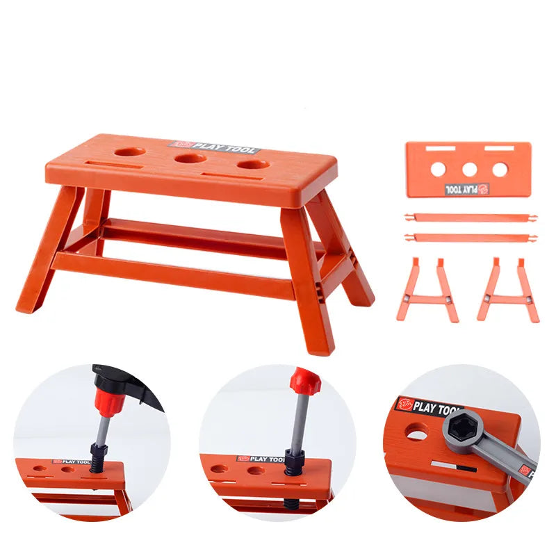 Red mini workbench with separate assembly parts and close-ups of pretend fastening play