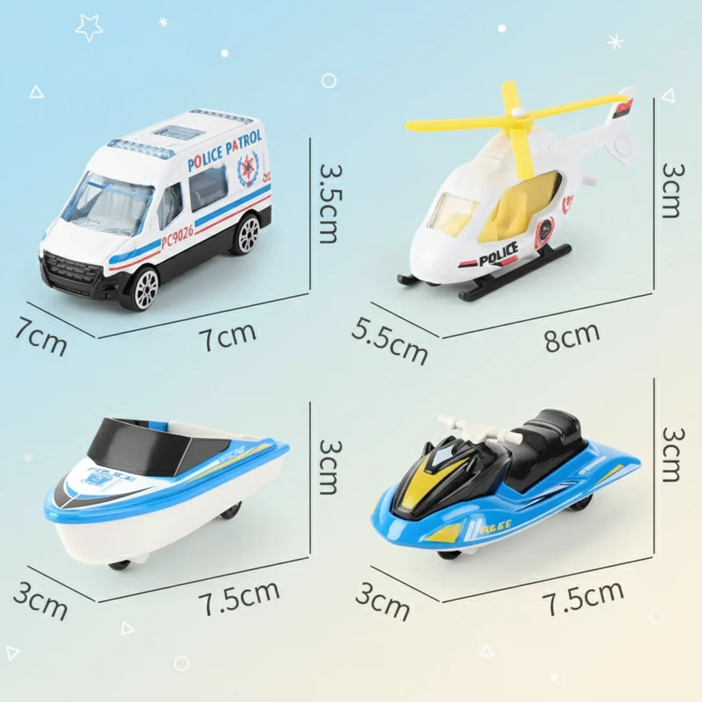 Miniature police van, helicopter, speedboat and personal watercraft with centimeter measurements