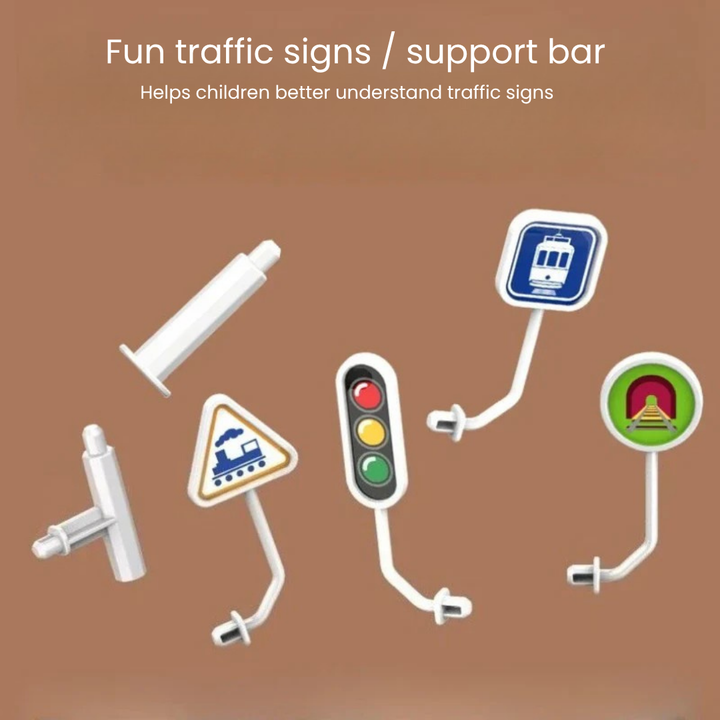 Miniature traffic signs and white support bars for the train track set