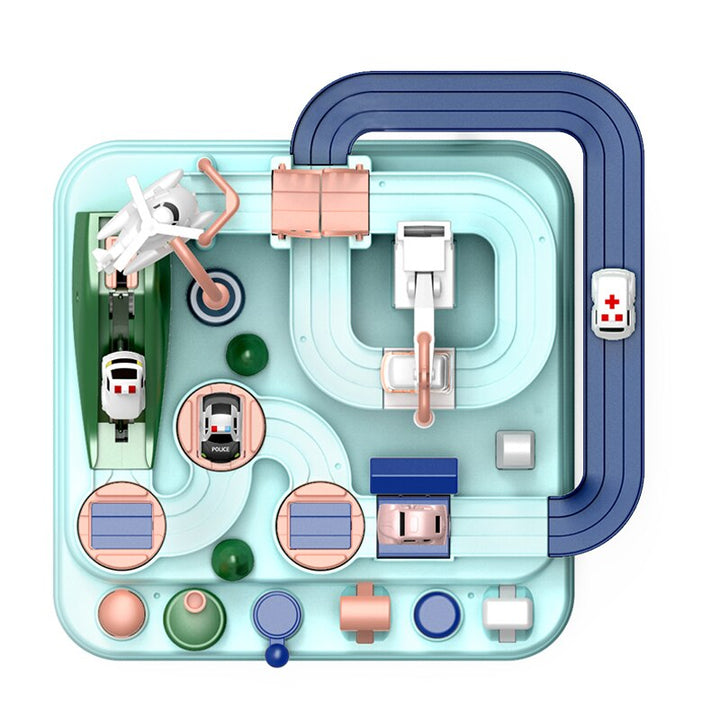 Overhead view of a mint-toned car track with a navy roadway and pastel controls