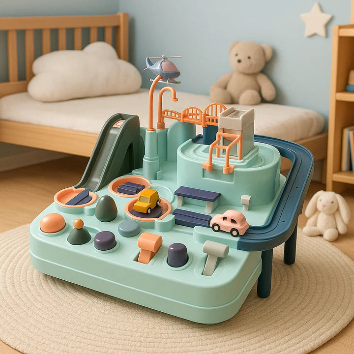 Mint-toned car track playset with orange accents and mini cars on a woven surface