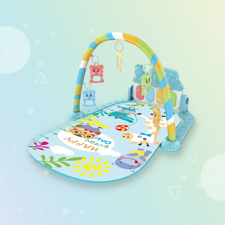 Mint baby play gym with a colorful animal mat and a yellow-and-blue arch