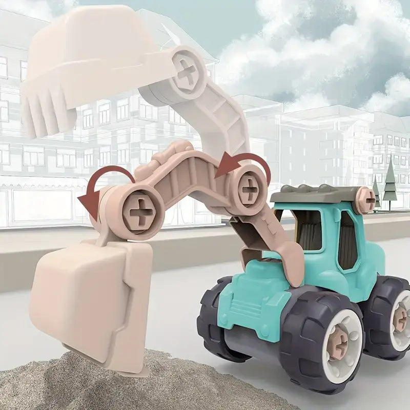 Mint-green toy excavator with a jointed beige arm shown in raised and lowered positions.