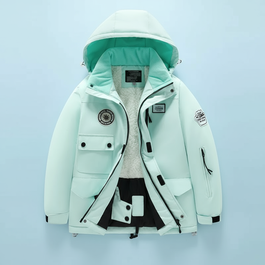 Mint green hooded ski jacket with white fleece lining