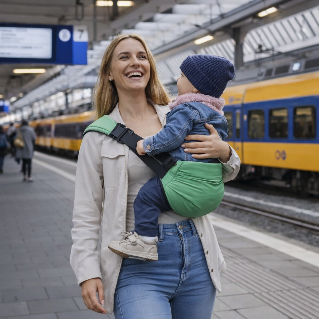 Adult carrying a child in a mint-green hip carrier at a train station