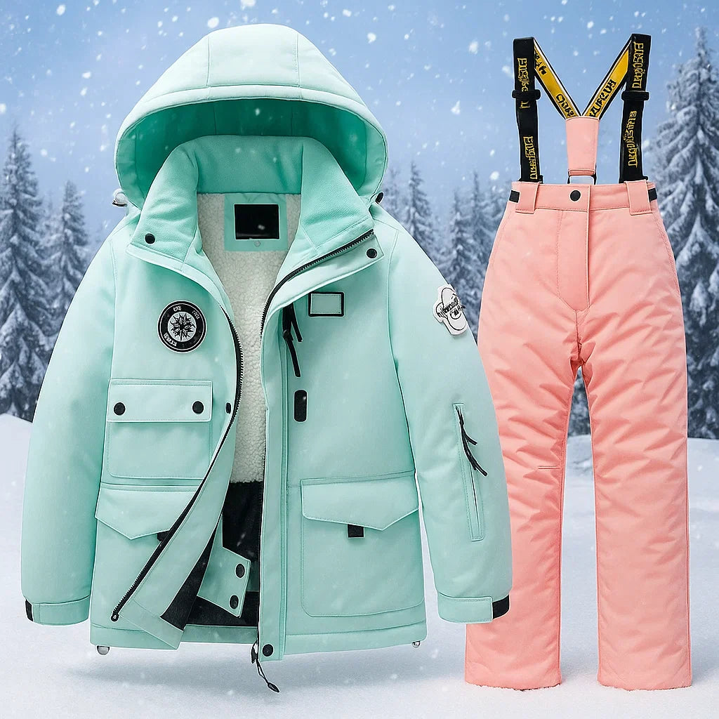 Mint green hooded ski jacket beside light pink ski pants with suspenders