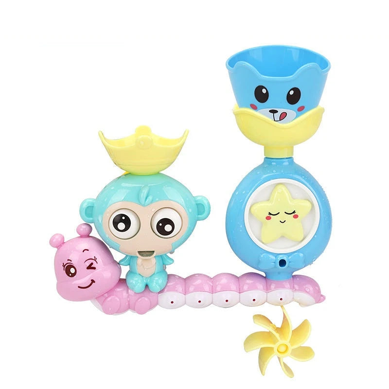 Mint monkey and pink caterpillar bath toy with a blue cup and yellow spinner