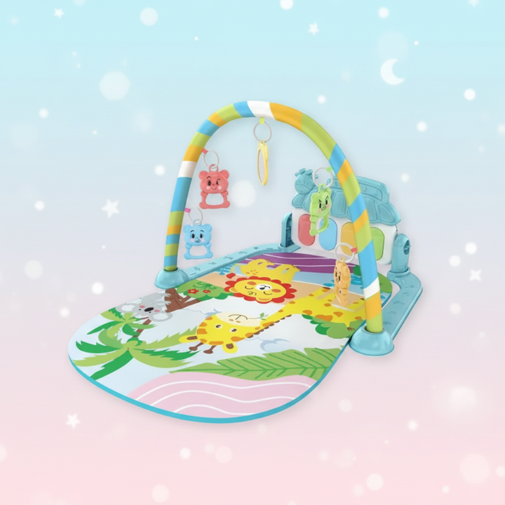 Mint baby play gym with a safari animal mat and a yellow-and-blue striped arch
