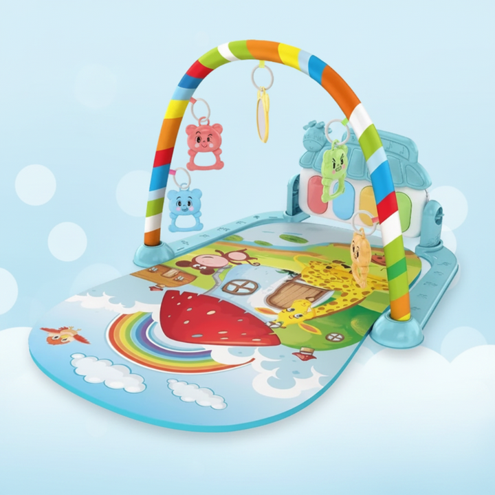Mint baby play gym with a strawberry-house mat and a rainbow-striped arch