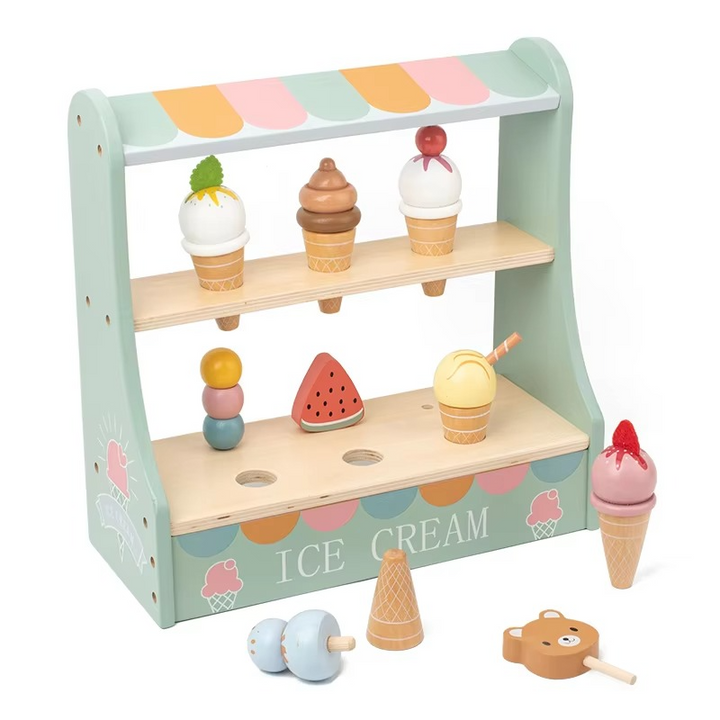 Mint green two-tier pretend ice cream stand with cones and assorted toy treats