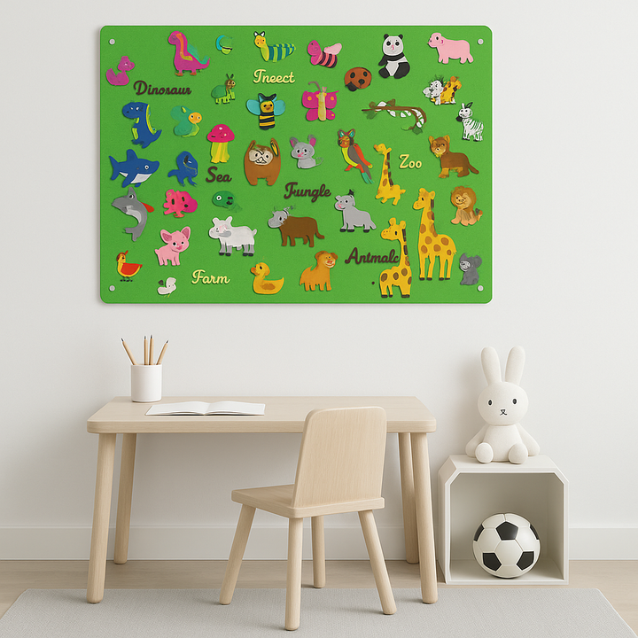 Mixed-animal felt board with farm, jungle, ocean, and dinosaur pieces above a desk