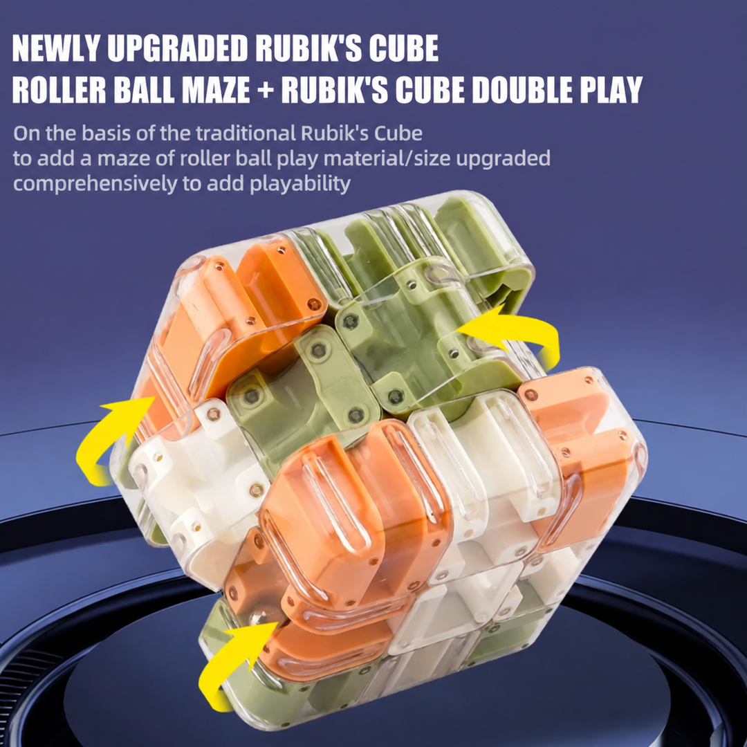 Mixed-color ball-maze puzzle cube shown with its sections twisted