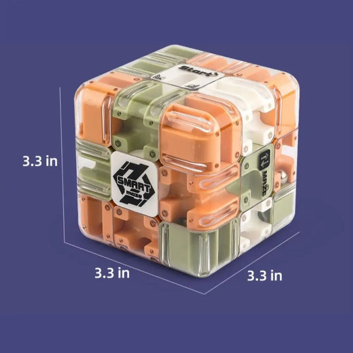 Mixed-color puzzle cube with dimensions marked as 3.3 inches on each side
