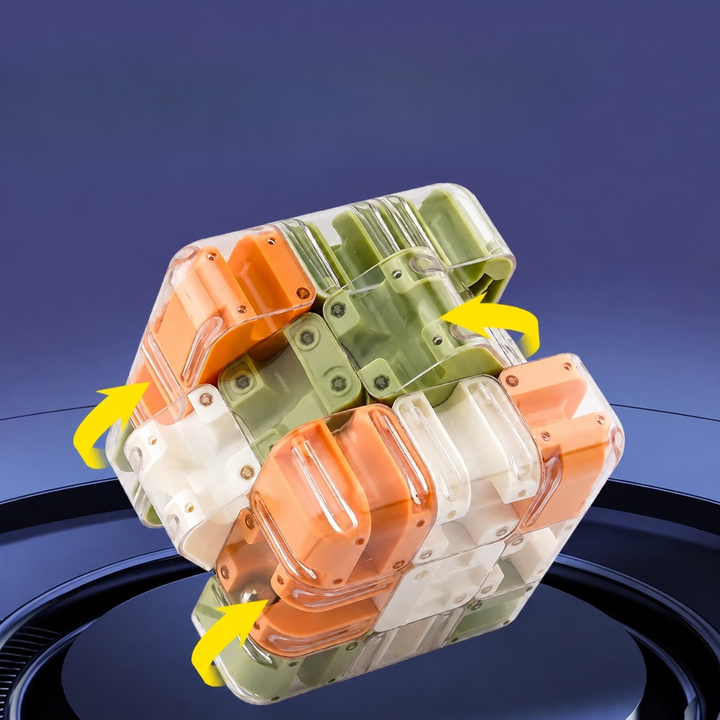 Mixed-color puzzle cube with transparent maze channels and arrows showing rotating sections