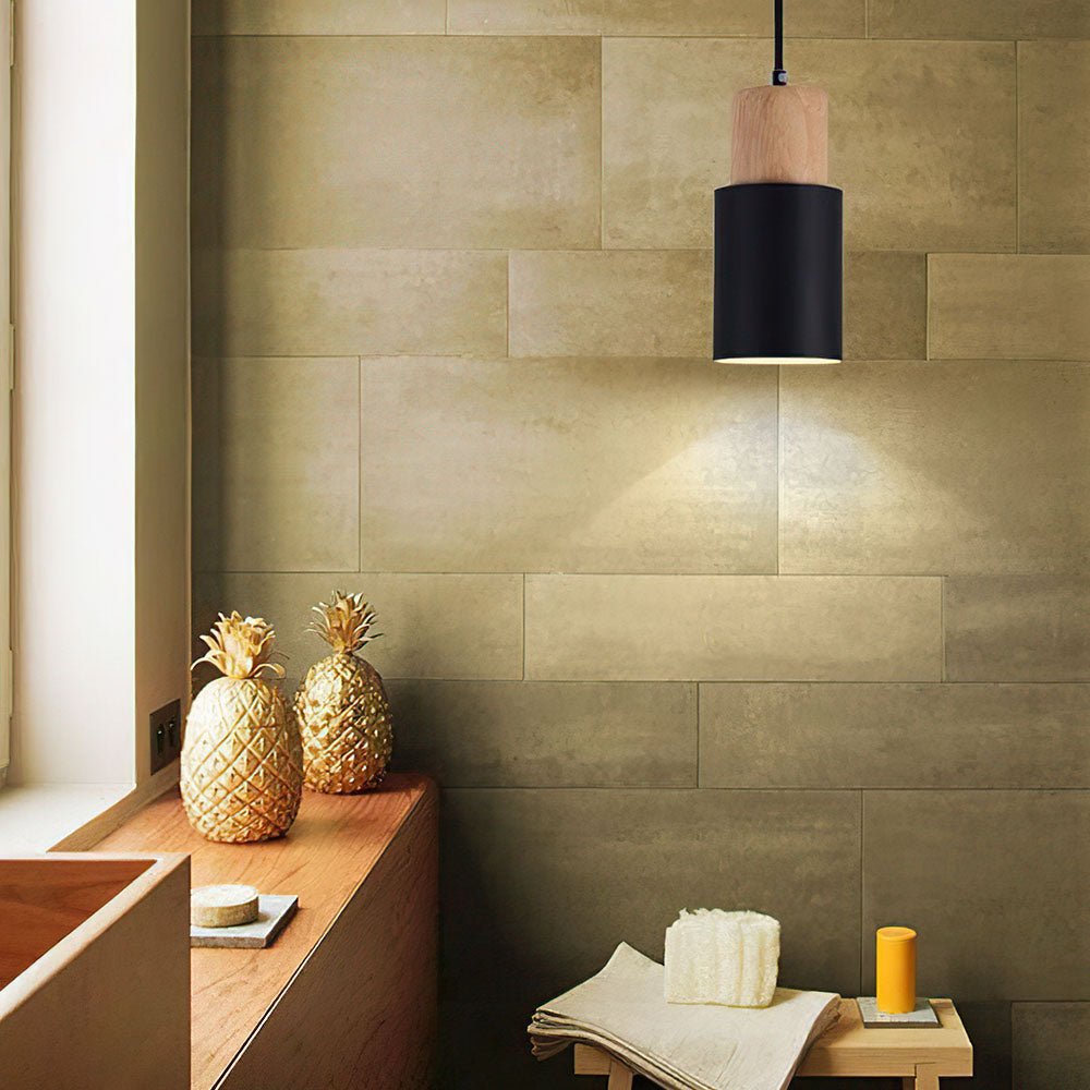 Modern Pendant Light with Colorful Cylinder Design – Iron and Wood Fixture 0