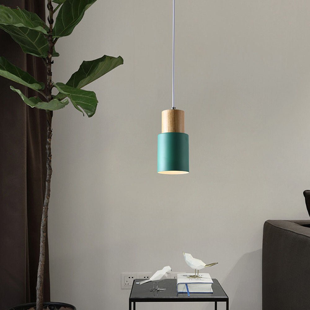 Modern Pendant Light with Colorful Cylinder Design – Iron and Wood Fixture 11
