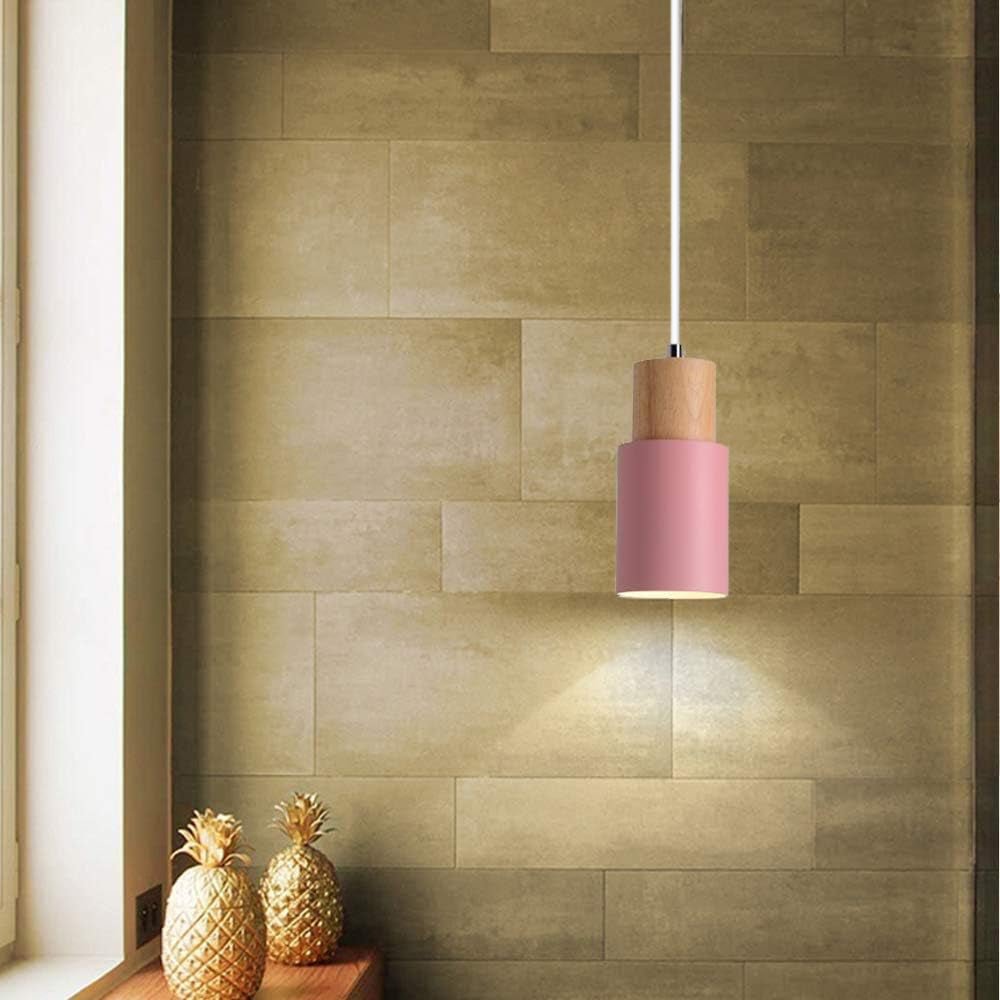 Modern Pendant Light with Colorful Cylinder Design – Iron and Wood Fixture 10