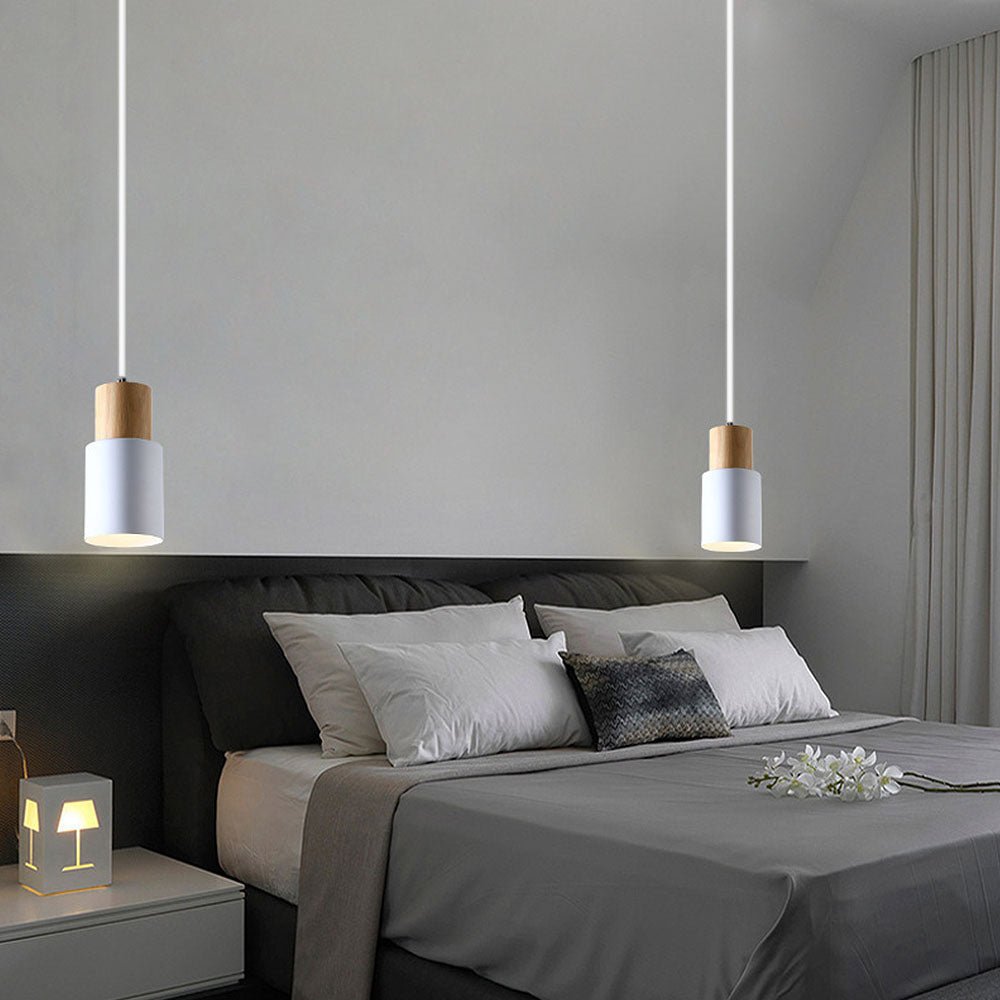 Modern Pendant Light with Colorful Cylinder Design – Iron and Wood Fixture 7