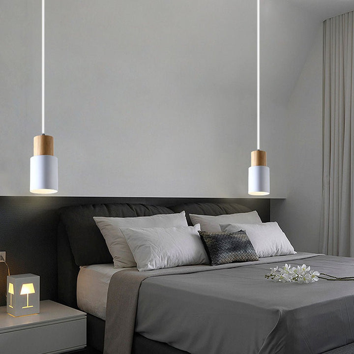 Modern Pendant Light with Colorful Cylinder Design – Iron and Wood Fixture 7