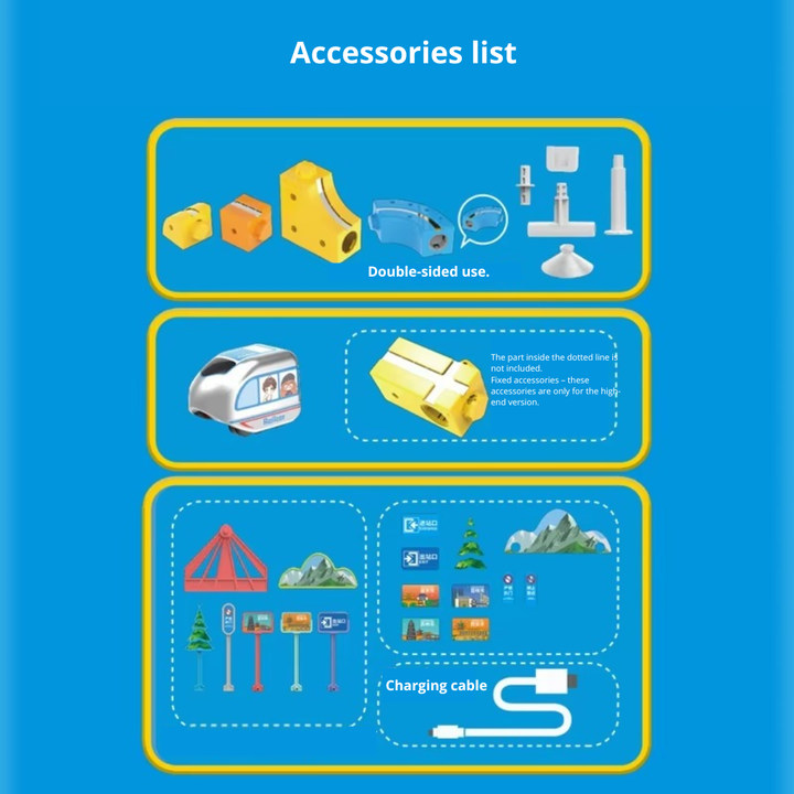 Accessory guide showing track pieces, supports, trains, decorative parts, and a USB charging cable