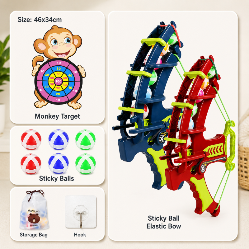 Monkey target with sticky balls, a storage bag, a hook, and red and blue launcher options