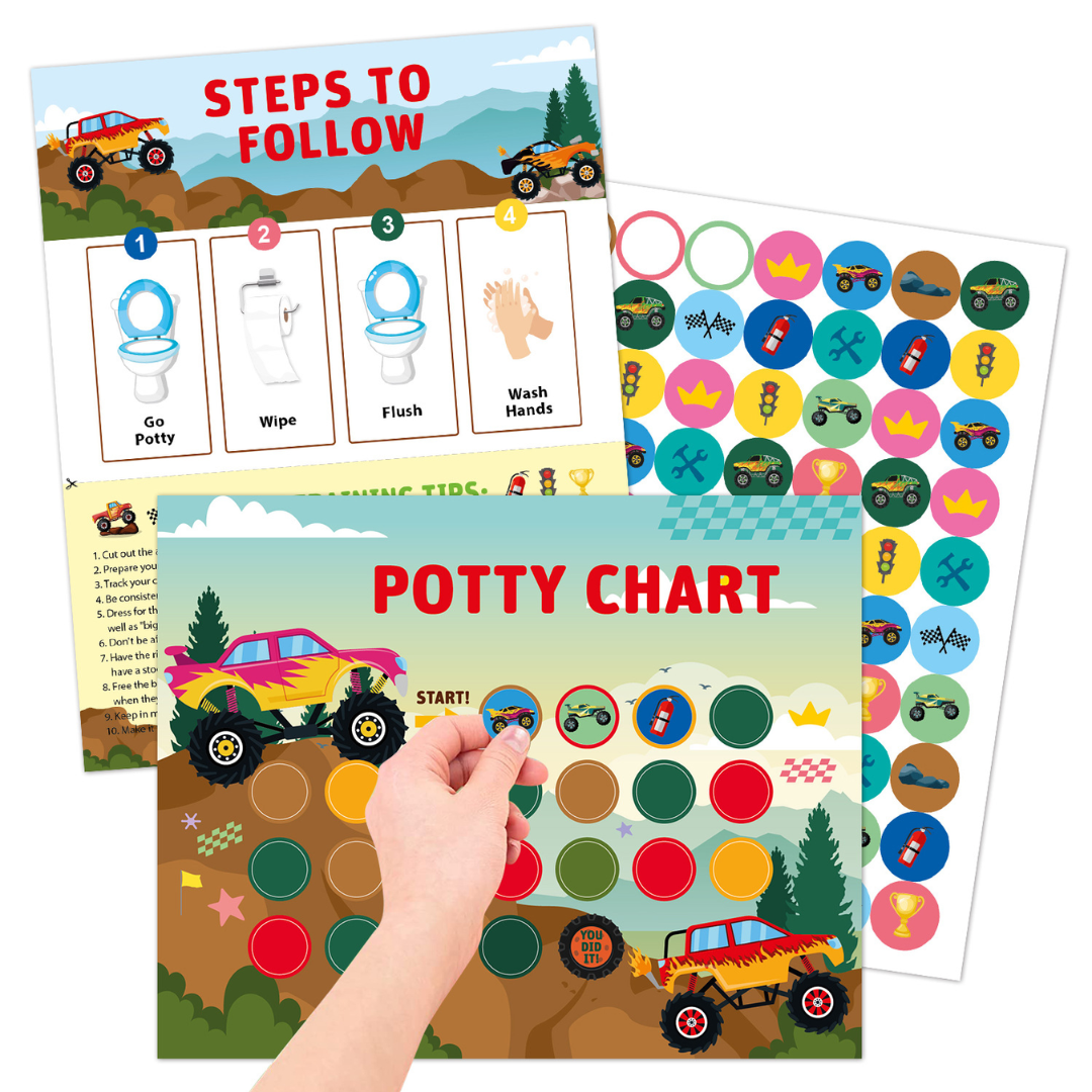 Monster car potty training chart with vehicle stickers and an illustrated routine guide