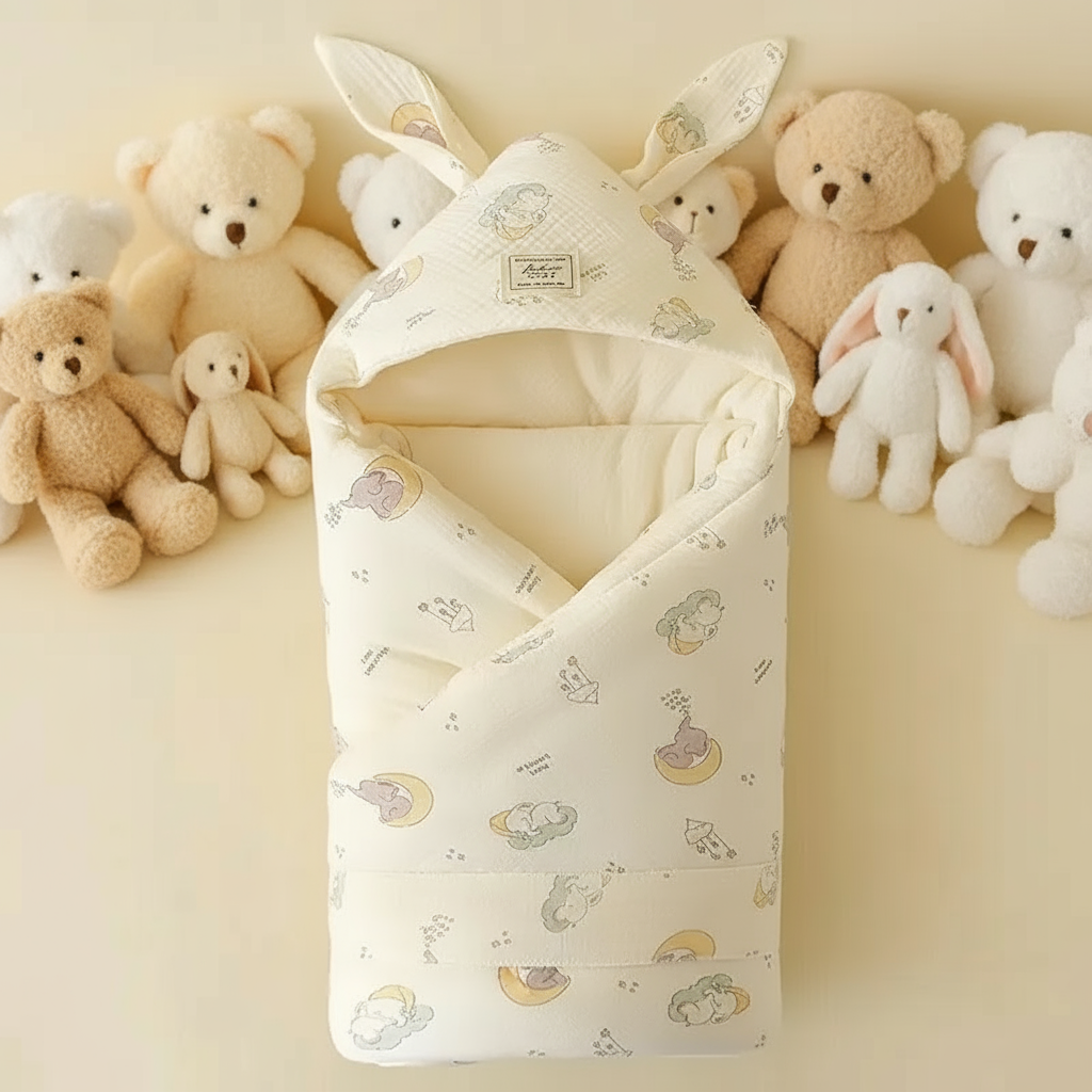Moon-and-elephant print swaddle blanket with a bunny-ear hood beside plush animals
