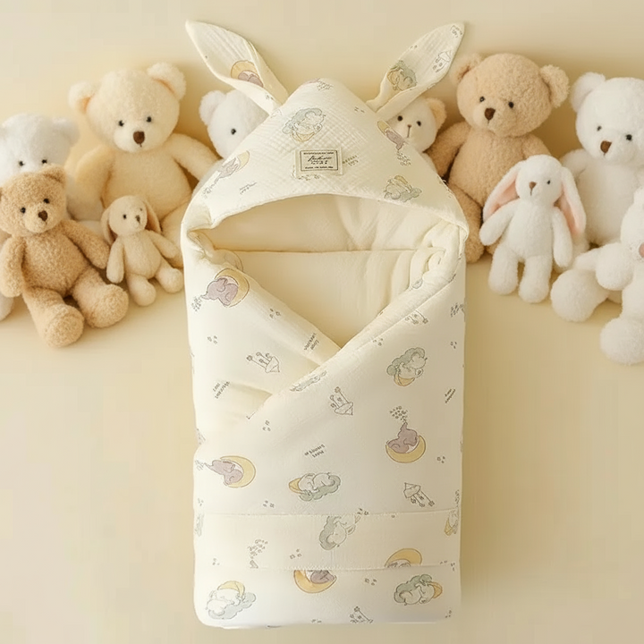 Moon-and-elephant print swaddle blanket with a bunny-ear hood beside plush animals