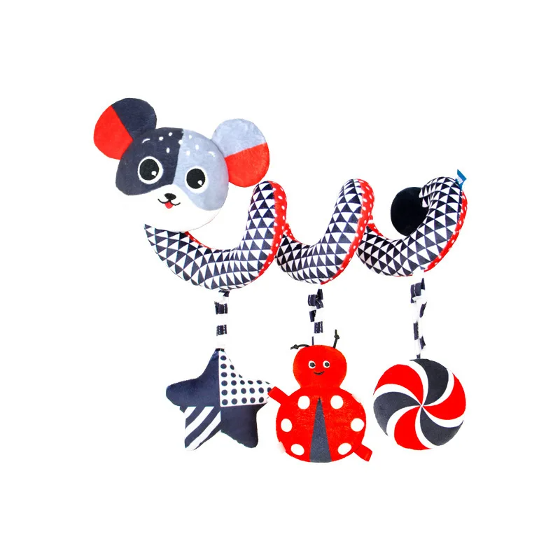 Mouse spiral activity toy with patterned coils and hanging navy, red, and pinwheel shapes.