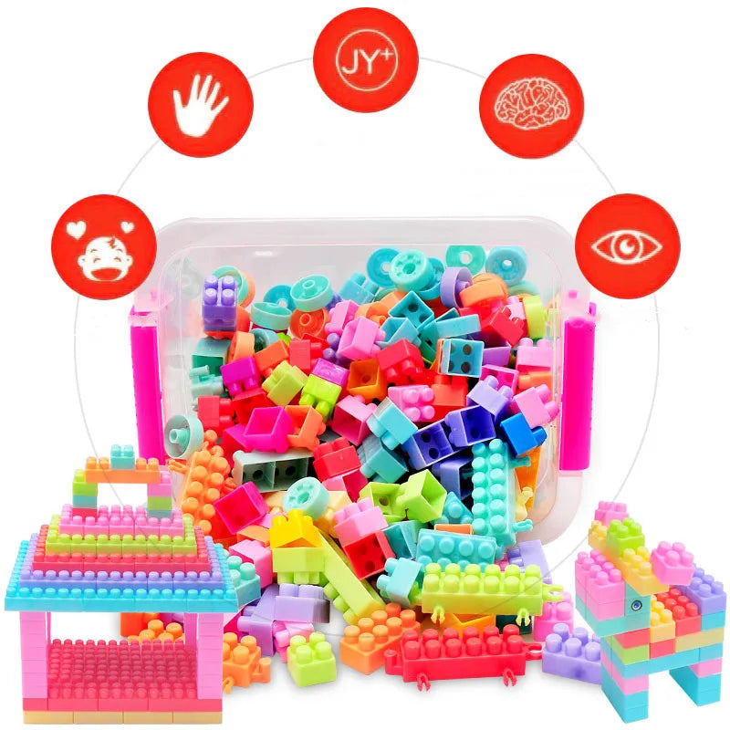 Multicolor building blocks in a storage container with a block house and animal model