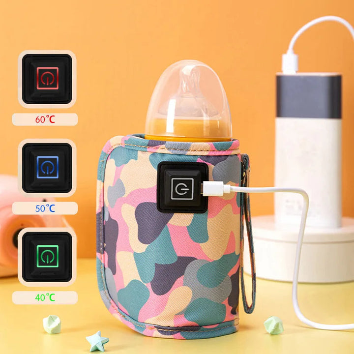 Camouflage bottle warmer with USB power and illustrated settings of 40, 50, and 60 degrees Celsius.