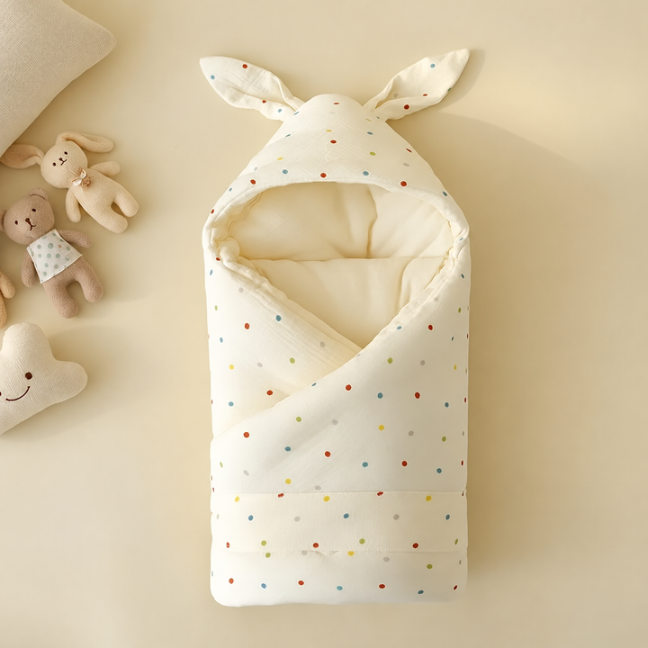 Multicolored dot swaddle blanket with a bunny-ear hood and overlapping front panels