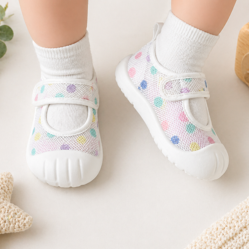 Multicolor polka-dot strap shoes with white toe caps worn over white socks.