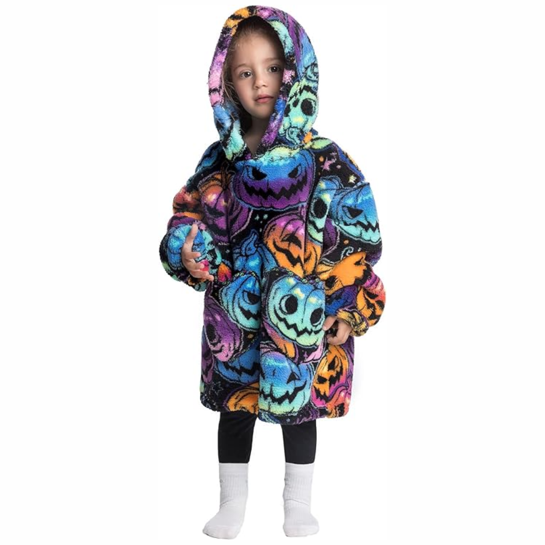 Child wearing a multicolor pumpkin-print hooded blanket
