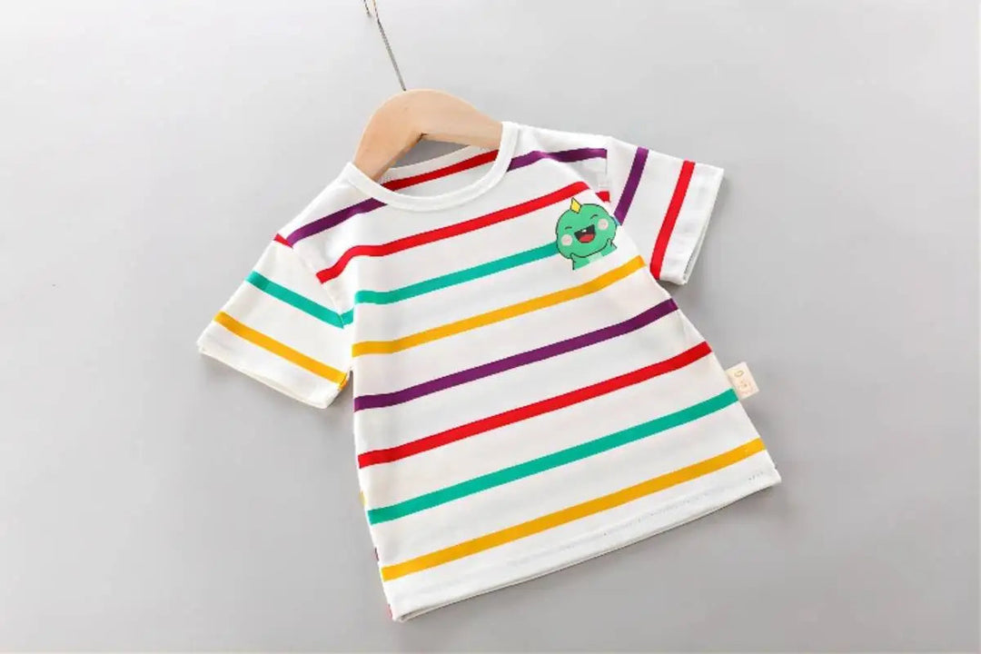 Multicolored striped T-shirt with a small green dinosaur on the chest