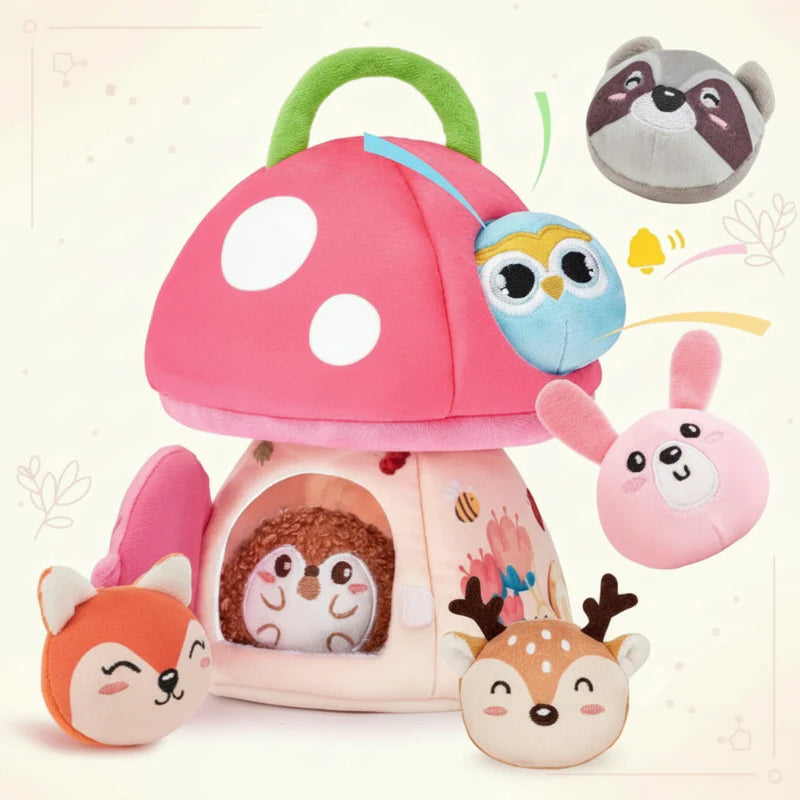 Pink spotted mushroom house with six plush woodland animals and a green loop handle
