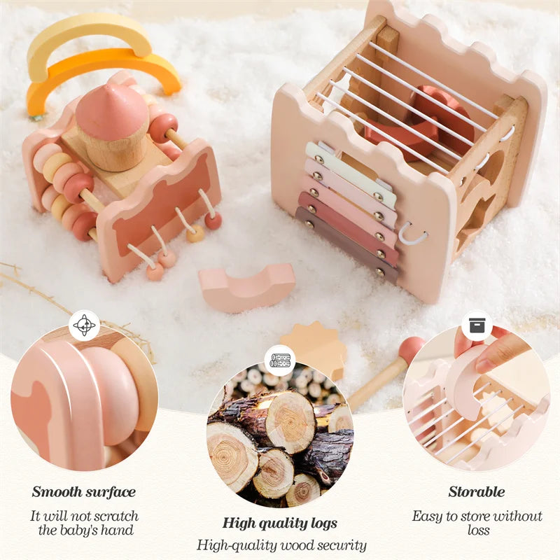 Wooden music tower with its castle top removed, showing the open center and pastel play pieces