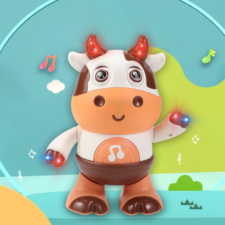 Musical cow toy with glowing red horns and multicolored hand lights against a colorful background