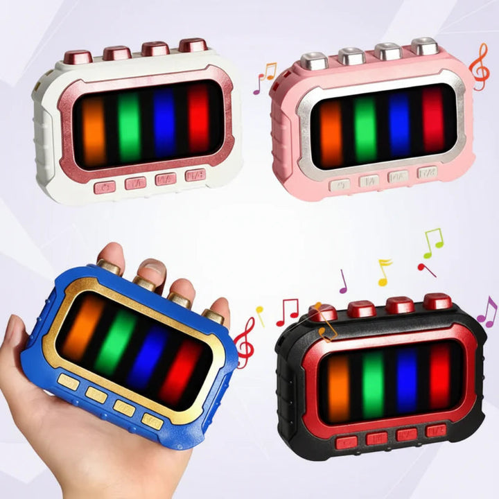 Musical fidget game in white, pink, blue, and black with four colored light bars.