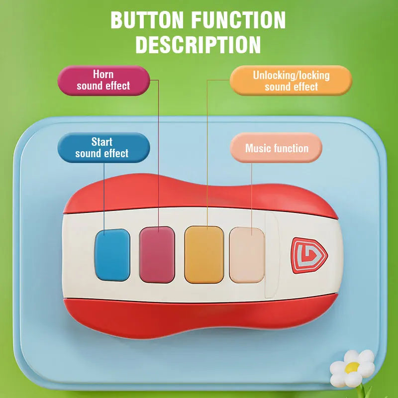 Button guide showing music, horn, engine-start, and locking sounds on the red key-fob toy