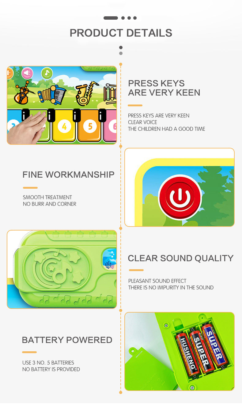 Musical play mat details showing numbered keys, power button, speaker, and battery compartment