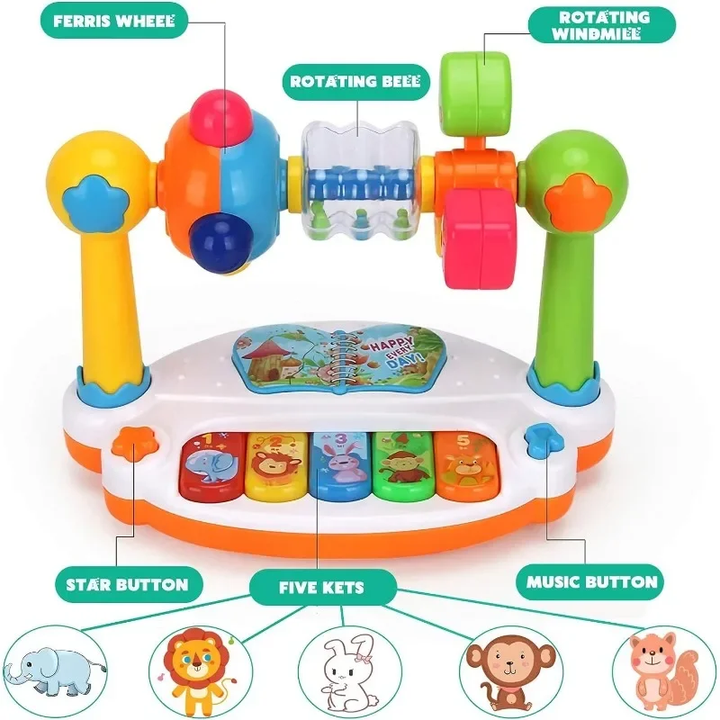 Toy piano diagram showing five animal keys, control buttons and rotating activities