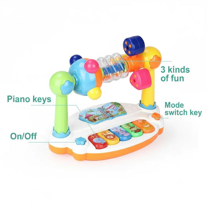 Angled toy piano view with labels for piano keys, rotating activities and control buttons