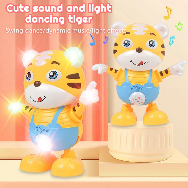 Musical tiger robot shown in two poses with glowing ears, hands, and belly.