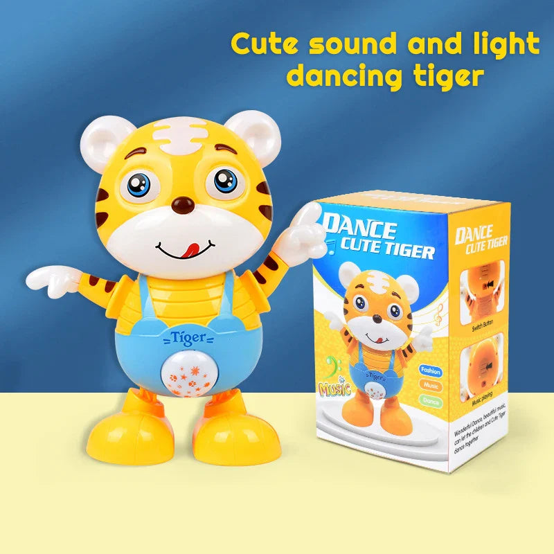 Musical tiger robot standing next to its colorful retail packaging on a yellow surface.