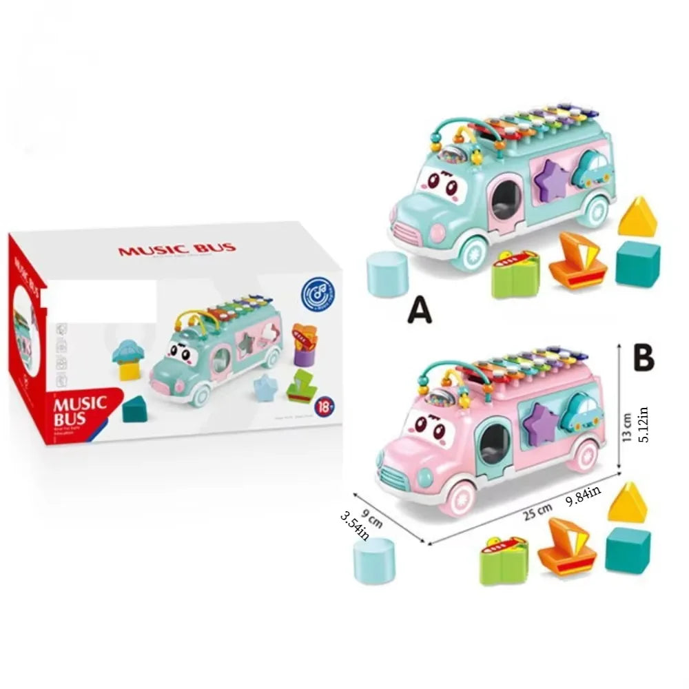 Blue and pink musical toy buses with sorting blocks, a retail box, and a 9 x 25 x 13 cm measurement diagram