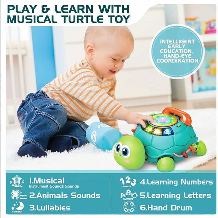 Baby pressing the turtle toy&