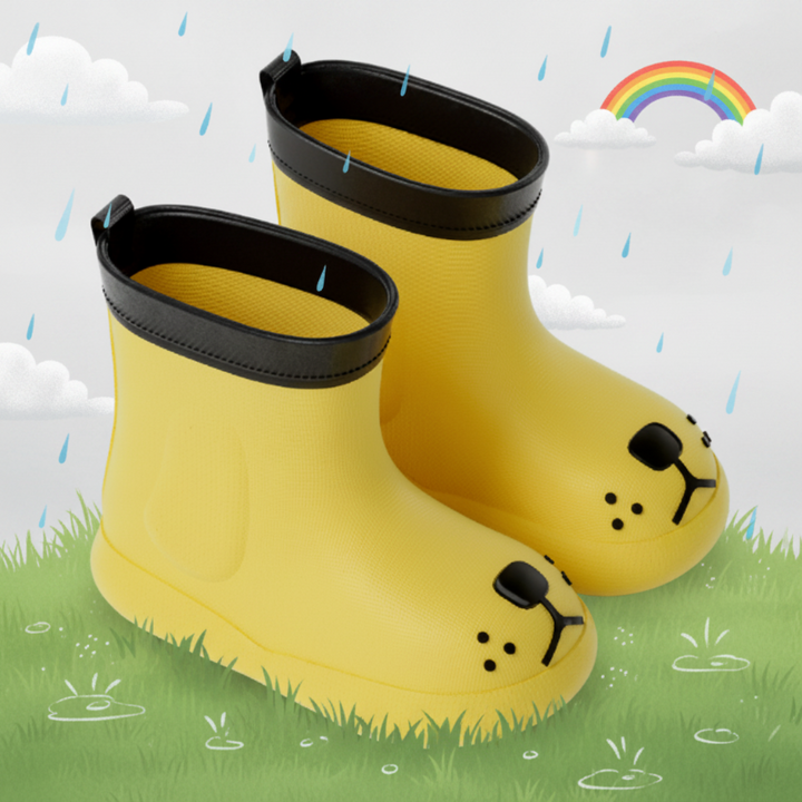 Mustard dog-face rain boots with black top rims in an illustrated rain-and-rainbow scene