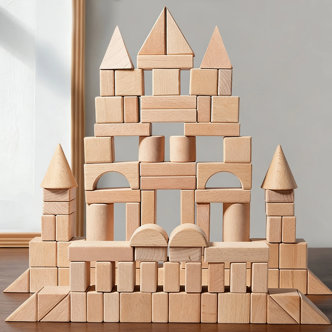 Natural wooden block castle with arches and pointed towers